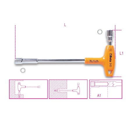 Beta 941 6-Point/12-Point T-Handle Socket Wrench, Metric 10mm x 10mm 009410110